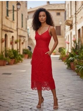 NWT $519 Ted Baker Valens Mixed Lace Midi Dress Red, Size 0